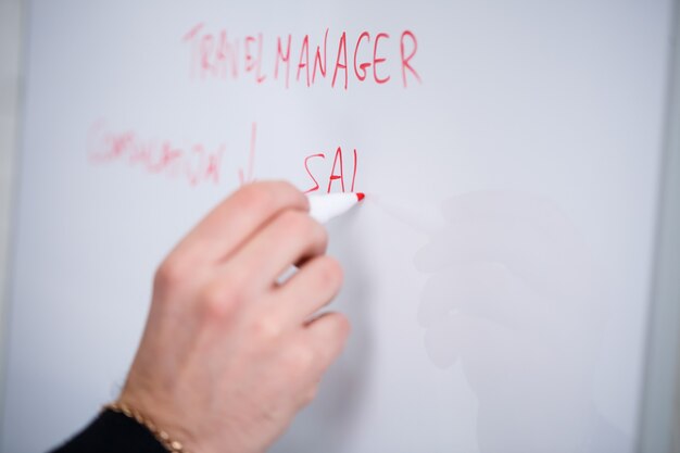 Male speaker businessman manager writes a business promotion plan on a white board. Standing in a black sweater with a marker.