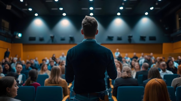 a male speaker in a lecture hall with audience watching him