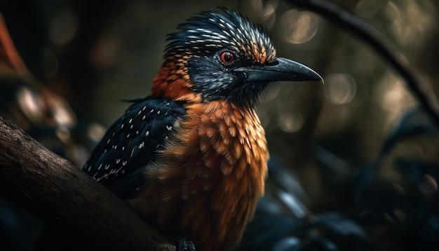 Male starling perching on branch multi colored feather beauty in nature generated by AI