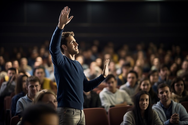 A male student raising hands at a lecture theatre with Generative AI