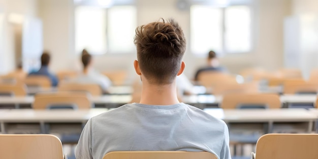 Male student seen from behind in a classroom setting Concept Student Classroom Education Back view Schooluniform