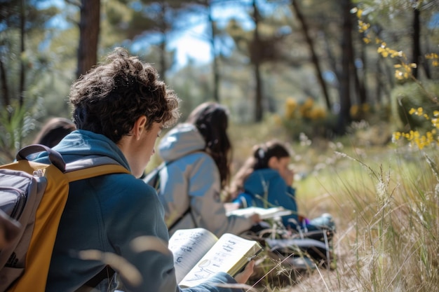 Male student sitting studying with other students in a park with notebook open