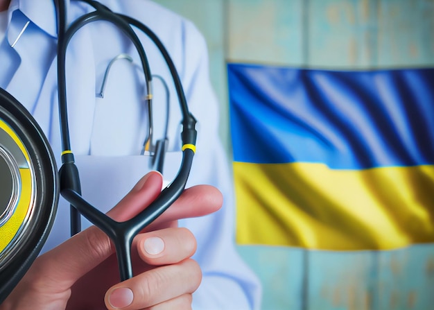 Male surgeon or doctor with stethoscope on the background of the Ukraine flag AI Generated