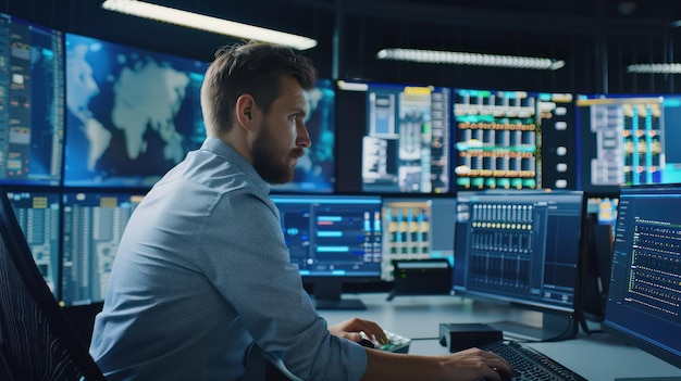 Male system security specialist working at system control center