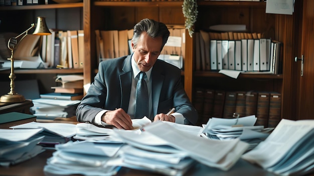 Photo male tax lawyer preparing case tax evasion law his office surrounded financial record tax code legal