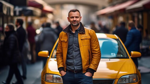 Photo male taxi driver in the city waiting for orders high quality photo