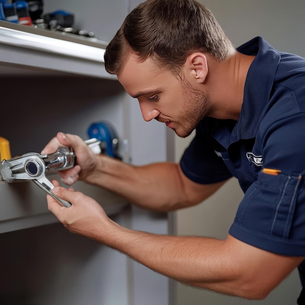 A male technician kneeling and working on a tool in a workshop