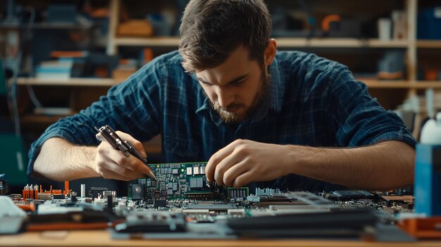 Photo male technician repairing motherboard indoors at table