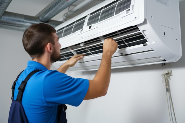 Male technician repairs an air conditioner indoors