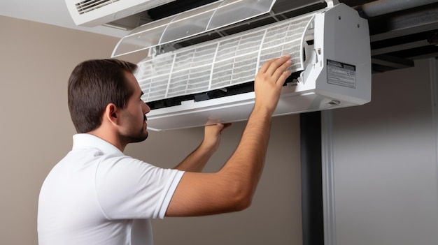 Male technician repairs an air conditioner indoors