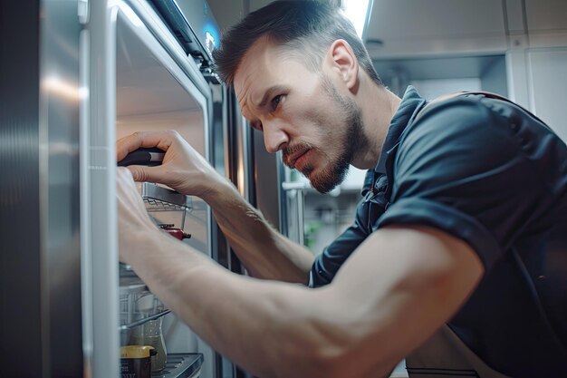 Photo male technician repairs a refrigerator in the kitchen in close up