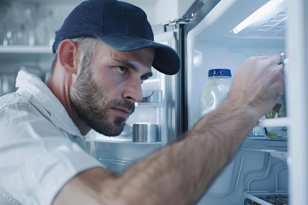 Photo male technician repairs a refrigerator in the kitchen in close up