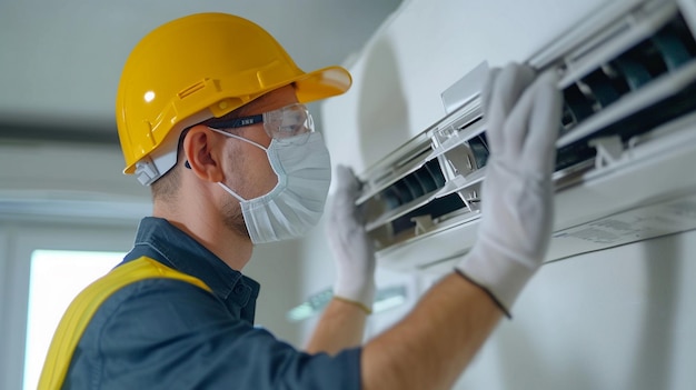 male technician with a mask cleaning industrial air conditioner