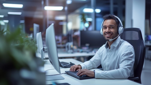 Male telemarketing agent providing customer service to clients positive customer support