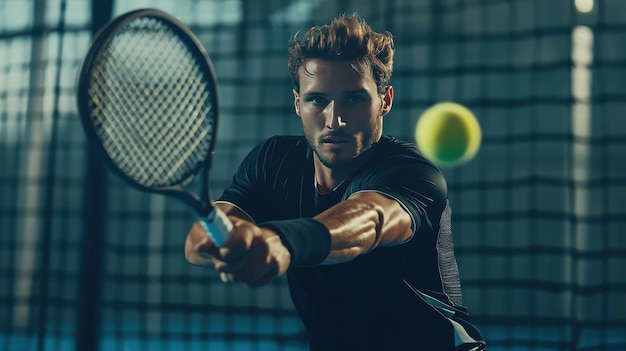 Male Tennis Player Hitting a Forehand Shot Inside Indoor Court During Competitive Match