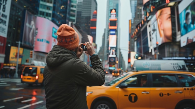 Male tourist calling for a taxi in the city