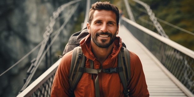 Photo a male tourist stands on a mountain bridge in the alps generative ai