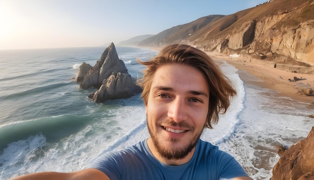 Male tourist traveler man makes selfie with beautiful rocks cliffs stones