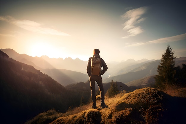 Male tourist with a backpack in the mountains Generative AI