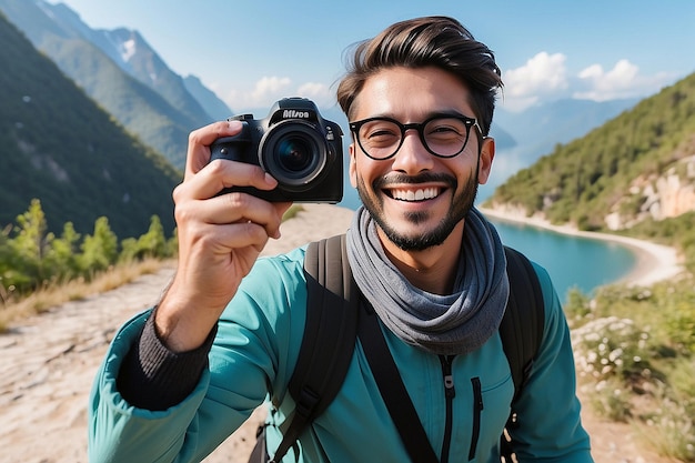 Male Traveler Joyfully Taking a Photo