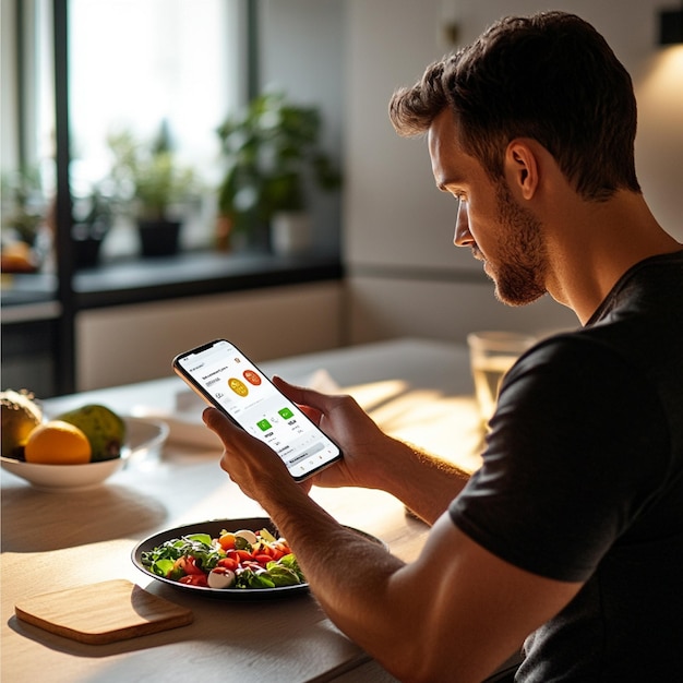 Photo a male user integrating dietary recommendations and exercise plans from the app