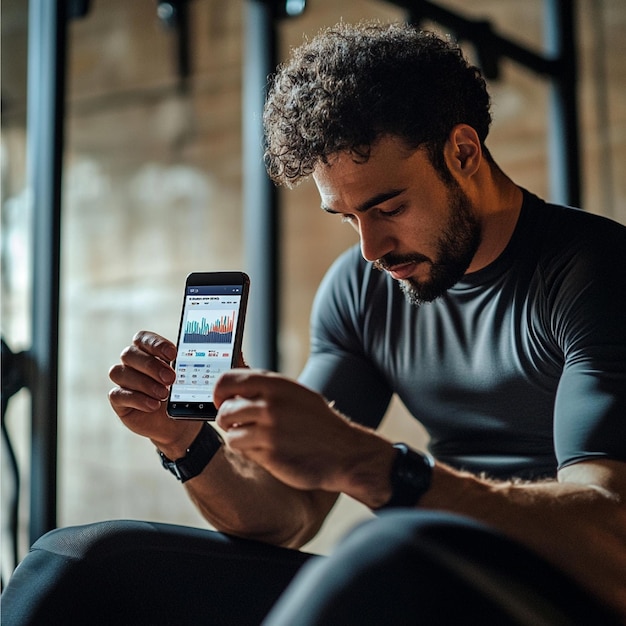 Photo a male using a fitness app to track his workout progress with realtime metrics