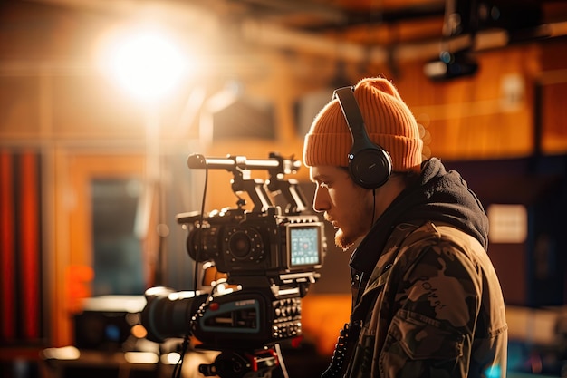 Male videographer with headphones and professional camera working in the studio