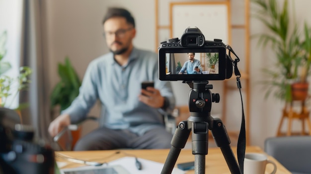 Male vlogger prepares for a new tech review camera in focus