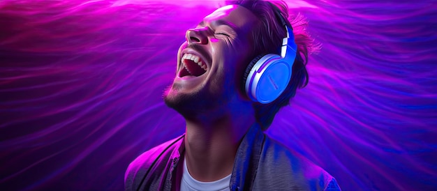 Male vocalist in recording studio enjoying music with open mouth wearing headphones and exhibiting joy and positivity hipster style against purple backdro