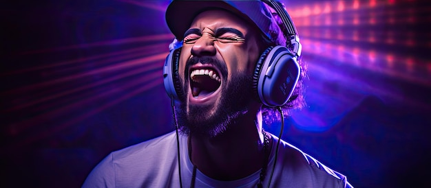 Male vocalist wearing headphones listening to music singing with open mouth recording studio DJ hipster lifestyle portrait with purple background neon lig