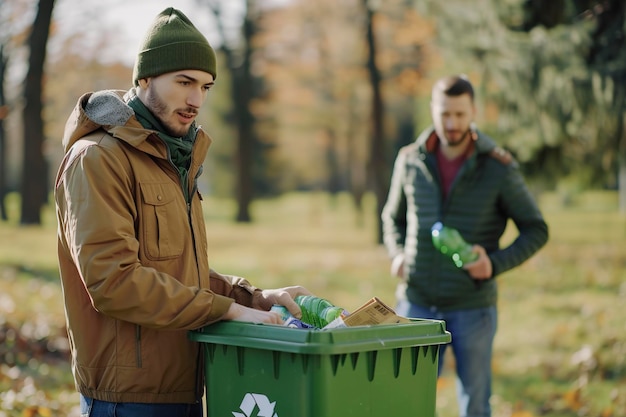 Photo a male volunteers with green recycling box in park