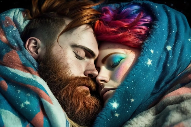 male with beard and female dressed in punk. colorful