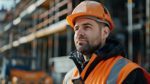 Photo male with modern gadget working at construction site generative ai