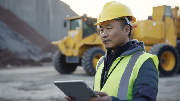 A male worker of Asian appearance in uniform with a digital tablet in a sand pit Generative AI