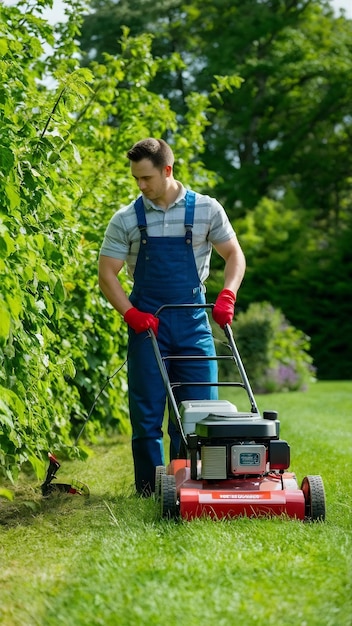 Male worker cutting grass in green yard and checking electric lawn mower while mowing a lawn