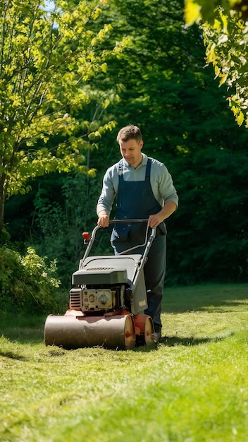 Photo male worker gardener working in private garden mowing lawn with roller machine man walking in back