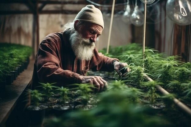 Male worker in greenhouse for cultivation and production of legal medical marijuana cannabis Generative AI