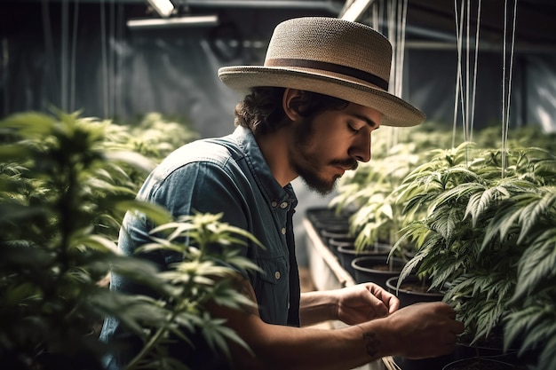 Male worker in greenhouse for cultivation and production of legal medical marijuana cannabis Generative AI