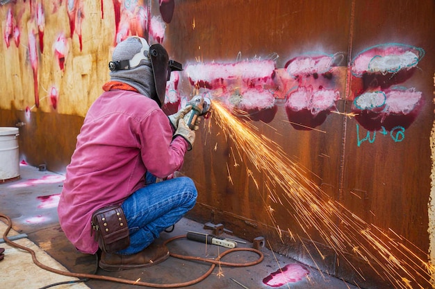 Male worker grinding on steel plate with flash of sparks close up wear protective gloves oil inside confined spaces