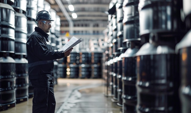 Male worker inspecting Barrels of Oil in an Oil Warehouse Wearing a Professional safety dress