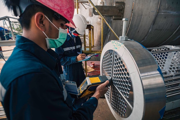 Male worker inspecting surface on heat exchanger tube bundle industrial construction warehouse positive