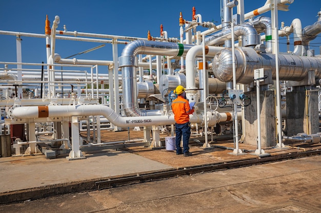 Male worker inspection at the exchanger of tank oil refinery pipeline plant steam vessel and column tank oil of Petrochemistry