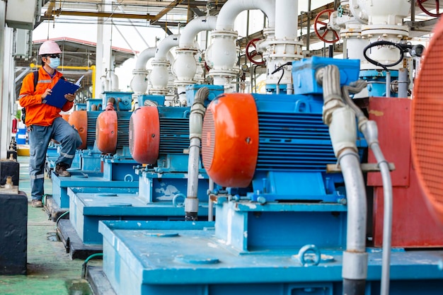 Male worker inspection pump motor oil at steel long pipes and pipe elbow in station oil factory during refinery valve of visual check record pipeline