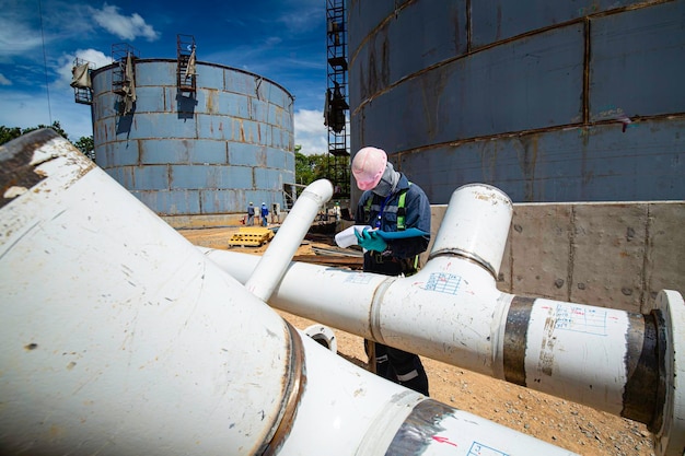 Male worker inspection at steel long pipes and pipe elbow new construction oil tank of visual check record pipeline oil and gas industry