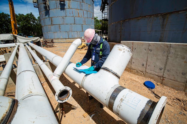 Male worker inspection at steel long pipes and pipe elbow new construction oil tank of visual check record pipeline oil and gas