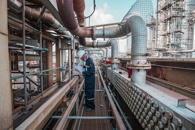 Male worker inspection at steel long pipes and pipe elbow in station oil factory fin fan during refinery valve of visual check record pipeline heat exchanger