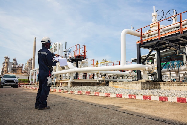 Male worker inspection at steel long pipes and pipe elbow in station oil factory during refinery valve of visual check record pipeline oil and gas industry.