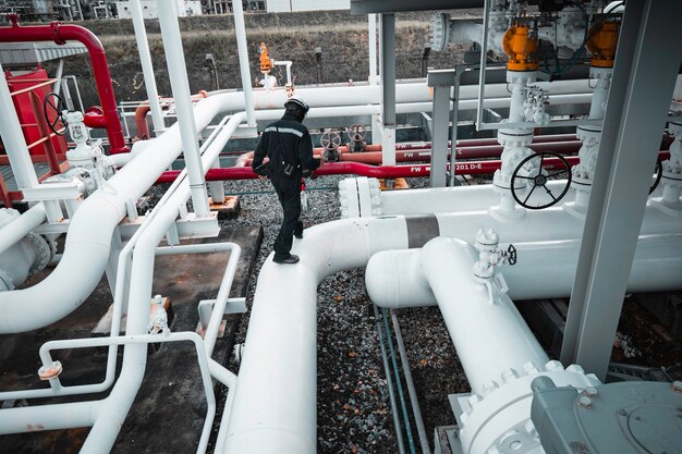 Male worker inspection at steel long pipes and pipe elbow in station oil factory during refinery valve of visual check record pipeline oil and gas industry.