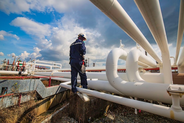 Male worker inspection at steel long pipes and pipe elbow in station oil factory during refinery valve of visual check record pipeline oil and gas industry