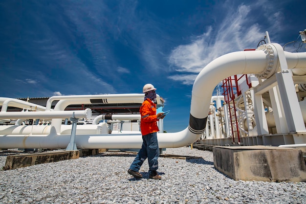 Male worker inspection at steel long pipes and pipe elbow in station oil factory during refinery valve of visual check record pipeline oil and gas industry